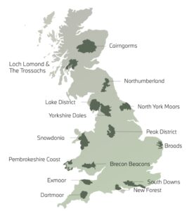 a map showing the 15 UK national parks