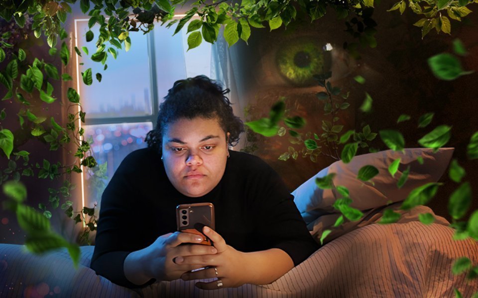 Promo graphics for Theatre For Life's new play, Bringing The Outside In, show a girl ion her phone lying on her bed with greenery, a giant's green eye, and a cityscape visible in the background