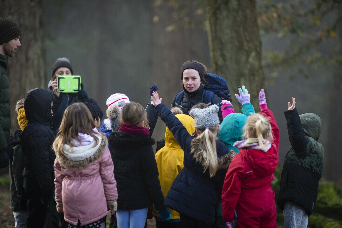 A group of school children at Bolderwood, some have their hands up.
