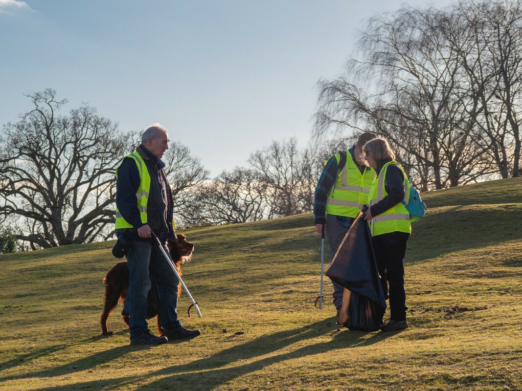 A group of New Forest NPA Ambassadors litter picking. One also has a dog alongside.