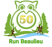 Green owl logo with number 50, two runners, pine trees, and text Run Beaulieu